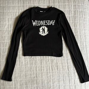 Girl’s WEDNESDAY Black Long Sleeve Graphic Top, rib, size 12-14, H&M